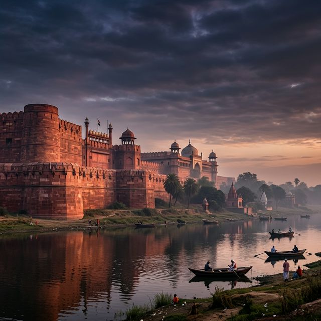 Agra Fort from the Yamuna at dawn