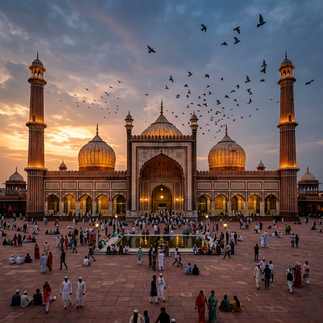 The pale marble domes of Fatehpuri Masjid glowing at dusk at the western end of Chandni Chowk