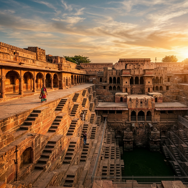 A cinematic golden hour view of an ancient Indian heritage pathway