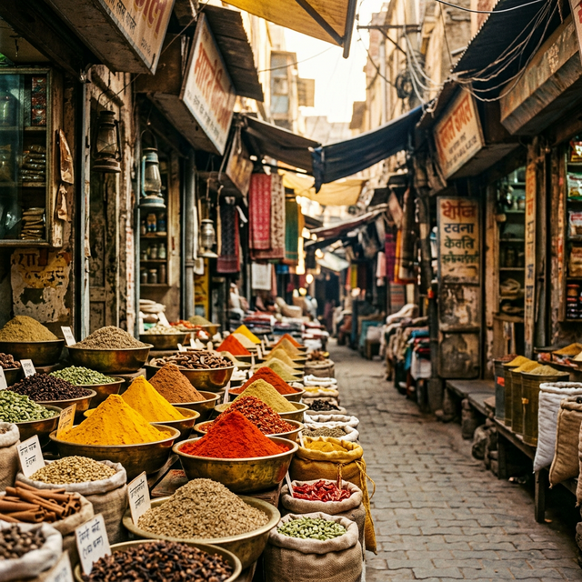 Jute sacks overflowing with turmeric, dried chillies, and whole spices in Khari Baoli market